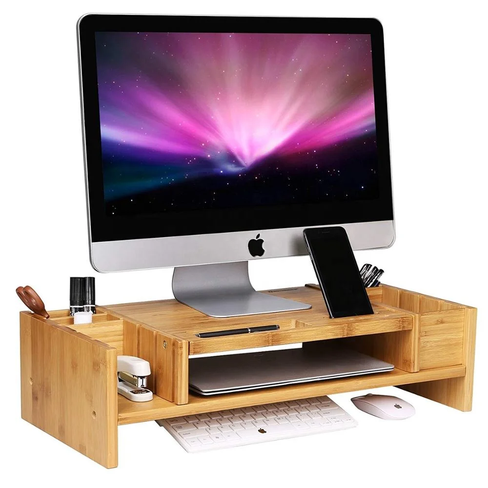 Bamboo 2-Tier Monitor Stand Riser with Adjustable Storage Organizer Laptop Cellphone TV Printer Stand