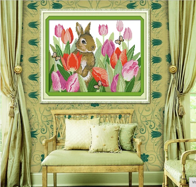 NKF The Rabbit In Tulips Needlework DIY Cross Stitch Sets For Embroidery Kits Precise Printed Patterns