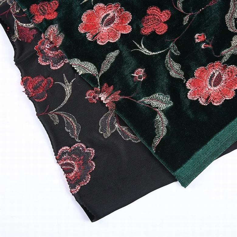 Custom design floral embroidered american green velvet fabric wholesale for clothes