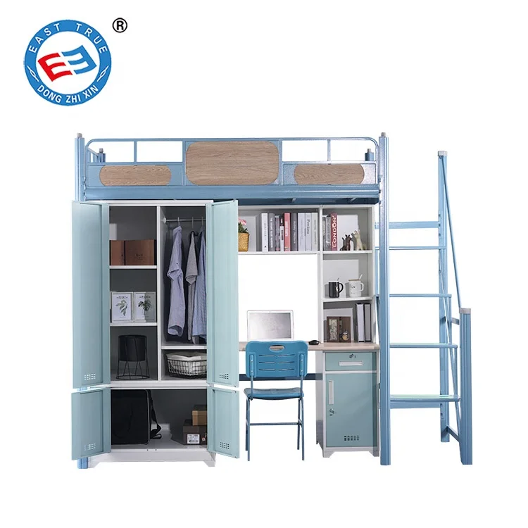 school furniture Metal frame bunk bed with table and  wardrobe/ metal bunk  dormitory bed