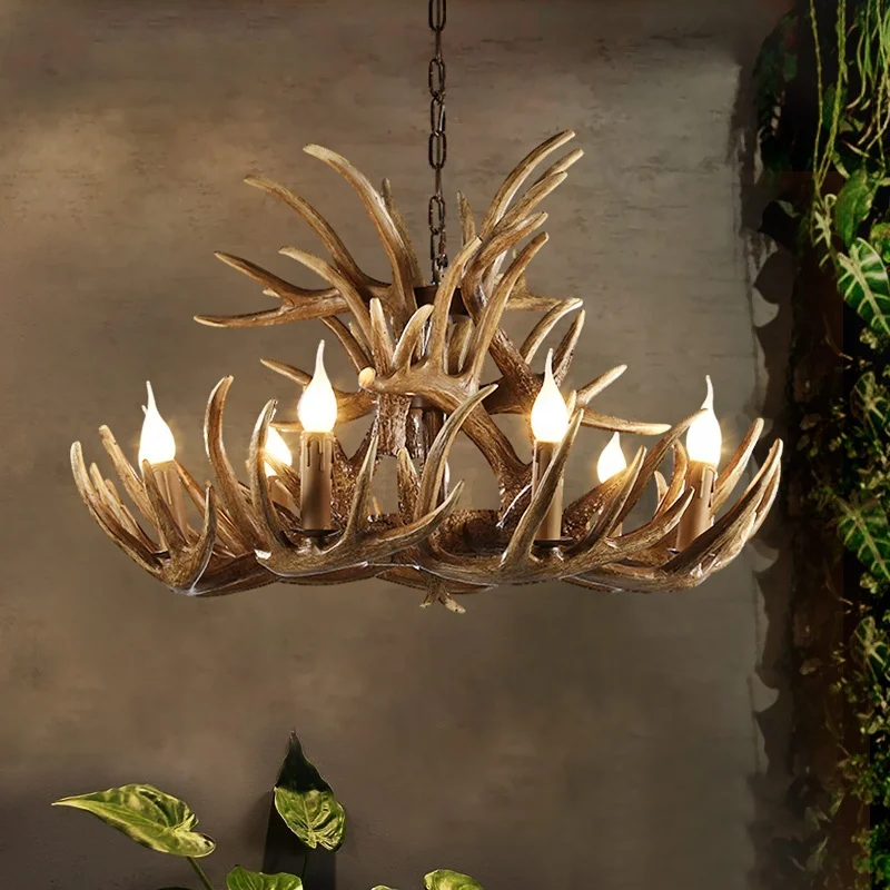 Nordic antique deer antler resin kitchen decorative candle LED pendant lighting rustic ceiling wooden chandelier