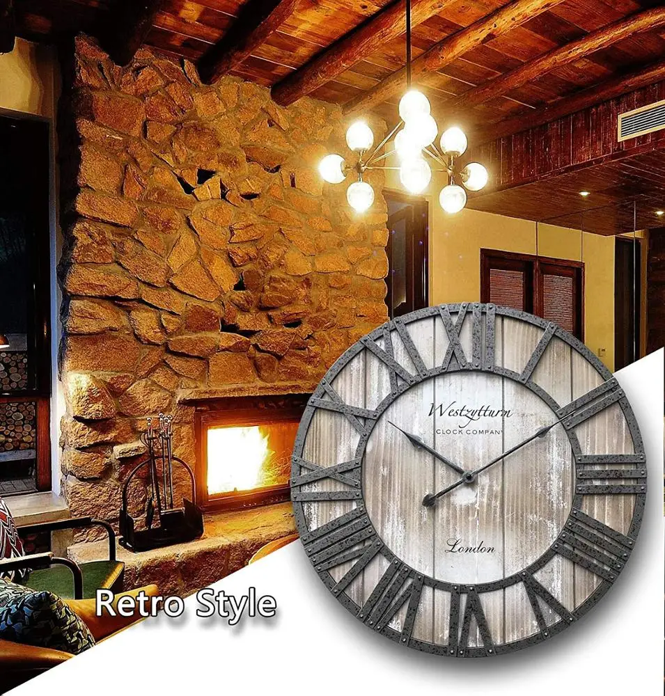 Rustic Big Clocks for Living Room Decor Kitchen Indoor Mantel Quartz Movement Silent Round Huge Wood Clock Vintage Art 18 inch