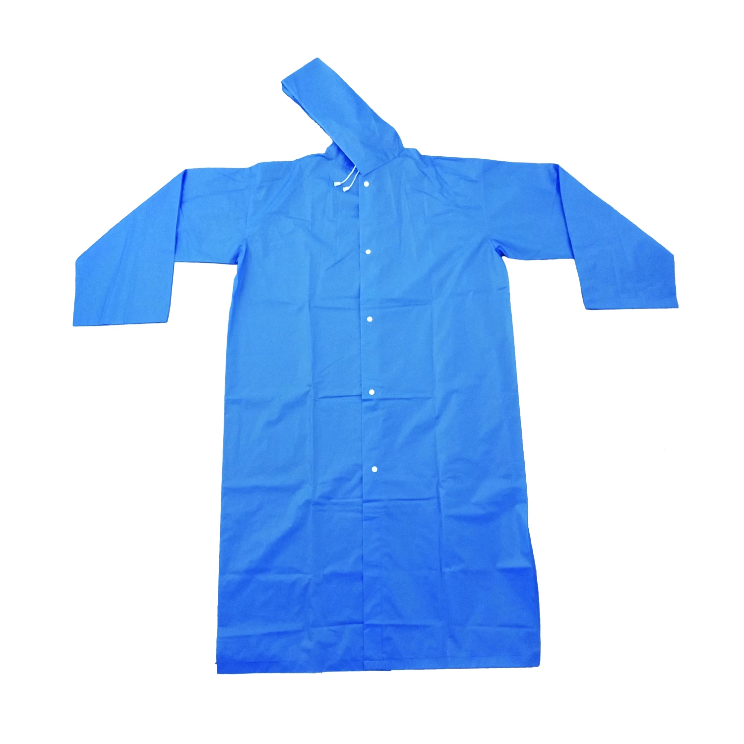 Blue adult long EVA raincoat with cap rope and button, suitable for rainy days, fishing, climbing