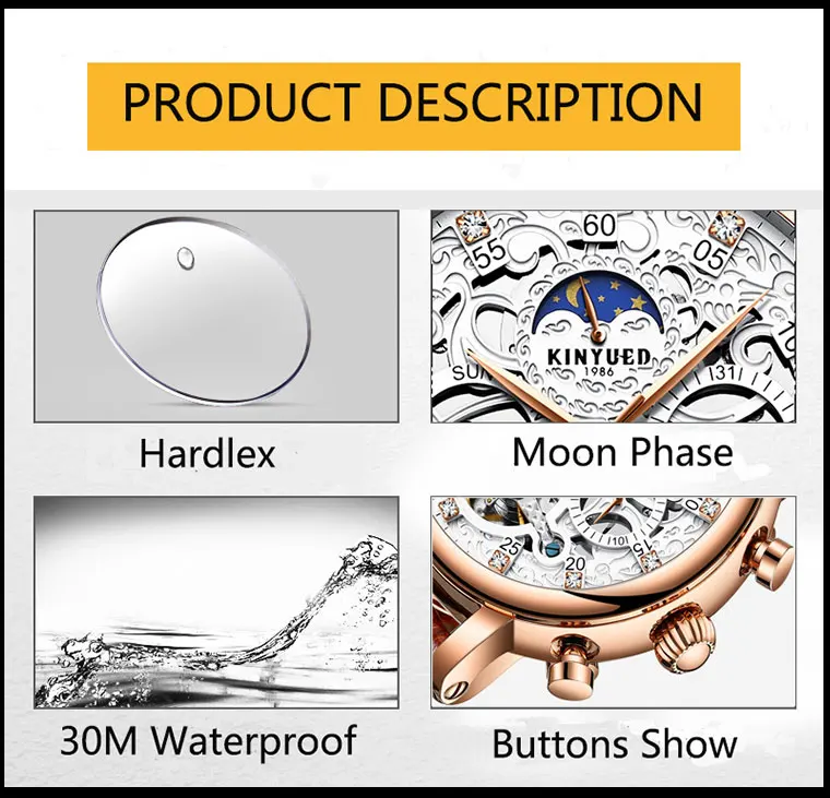 Мужские автоматические наручные часы-скелетоны KINYUED, водонепроницаемые механические часы с Лунной фазой, мужские часы, модные с пользовательским логотипом, 22 мм