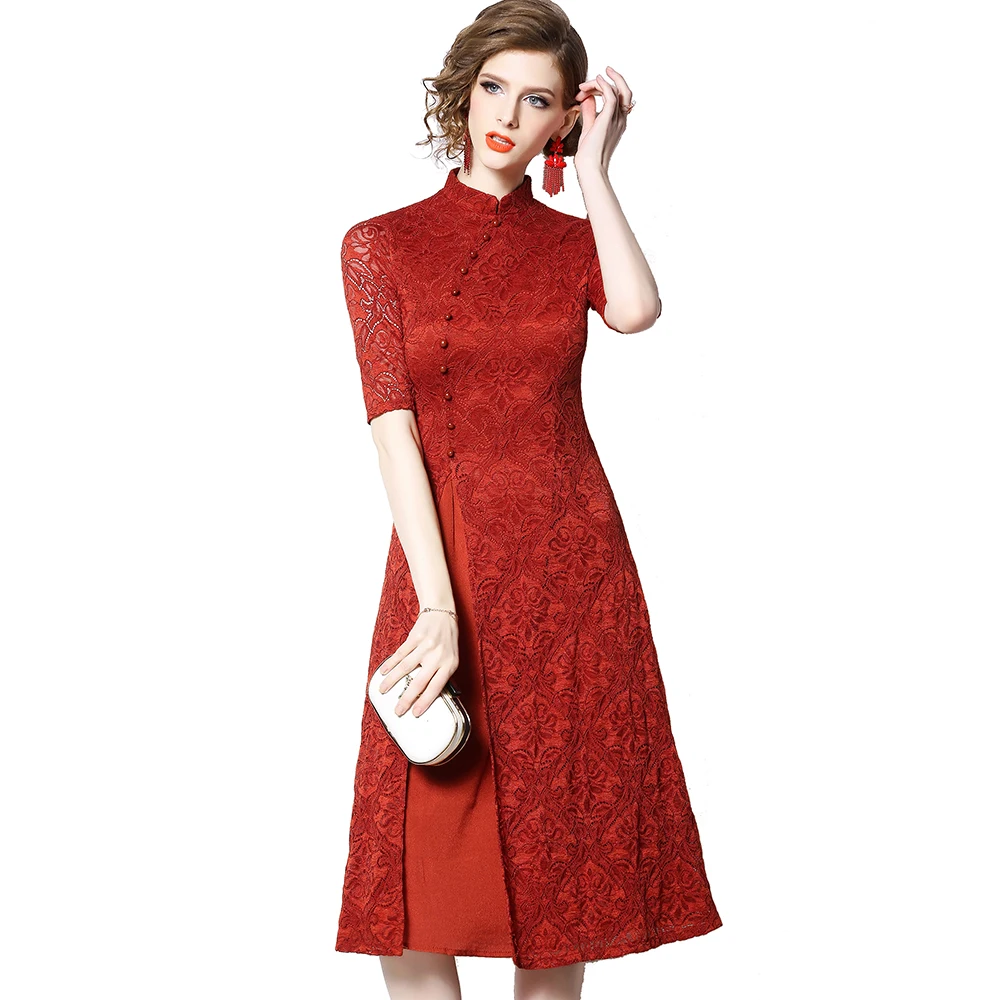 
Wholesale Adults Clothes Three Colors S to XXXL Elegant Women Fashion Retro Chi-pao Style Half Sleeve Lace Dress 