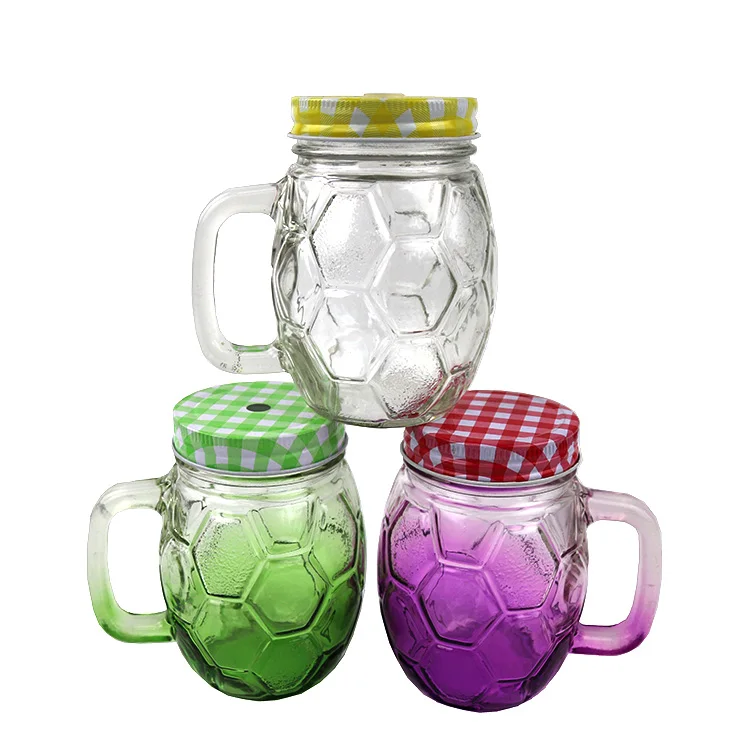 
500ml Football Shape Customization Colour Juice Glass Bottle With Screw Lid With Straw 