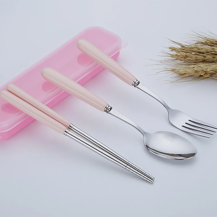 food grade portable travel cutlery stainless steel chopsticks fork and spoon set with color ceramic handle