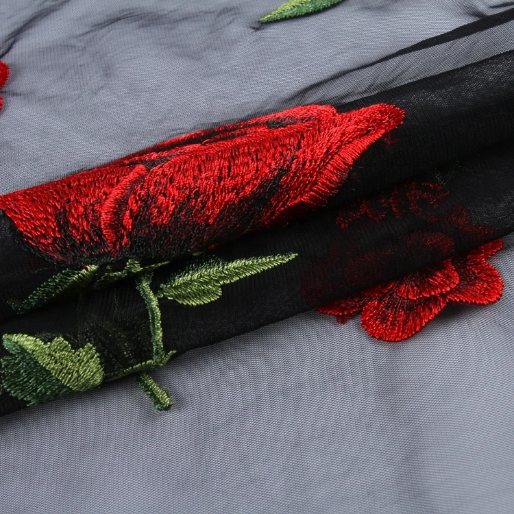 Tulle Embroidered Fabric for Dresses Most Popular Rose Design Cheap Mesh Lace Mesh with Double Border Embroidery Fashion 1 Yards