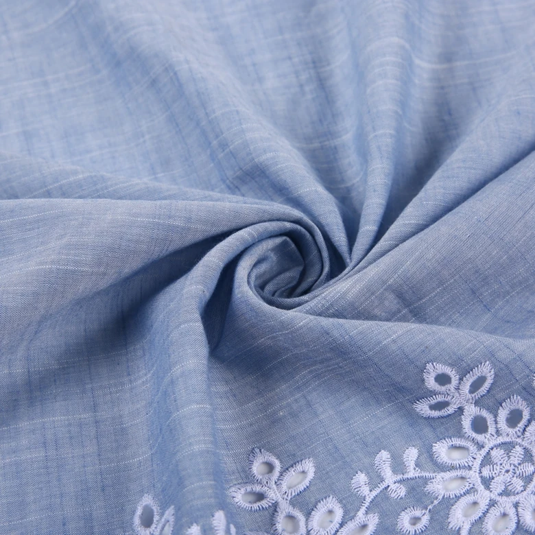 New design cotton single border eyelet embroidery stock voile yarn dyed embroidery lace fabric blue