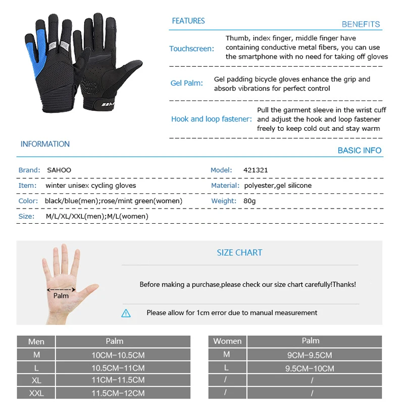 Sahoo 421321 Touchscreen Non-slip Full Finger Cycling Bike Bicycle Gloves Mittens For Gym Fitness Running Hiking Camping