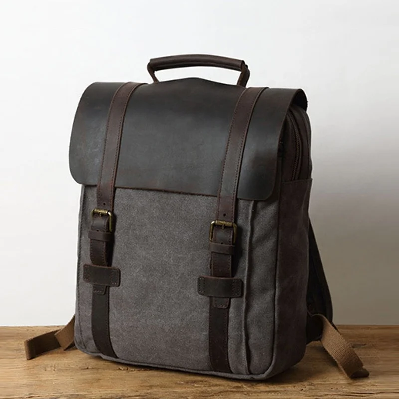 Waterproof retro vintage large capacity men business travelling real genuine leather bags mens bag waxed canvas backpack