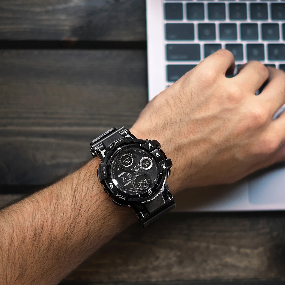 Addies 50M Waterproof LED Alarm Backlight Super Cool Watch Men Digital Sports Military Watch