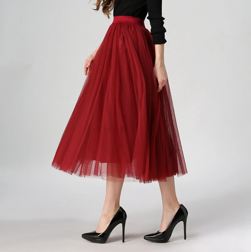 Fashion Ladies Stylish Elastic High Waisted Pleated A-line Mid-calf Tulle skirts