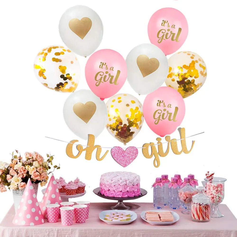 13Pcs Baby Girl Shower Party Decorations Set Includes Oh Girl Banner Pink Its a Girl Balloons Confetti Gold Heart Balloons