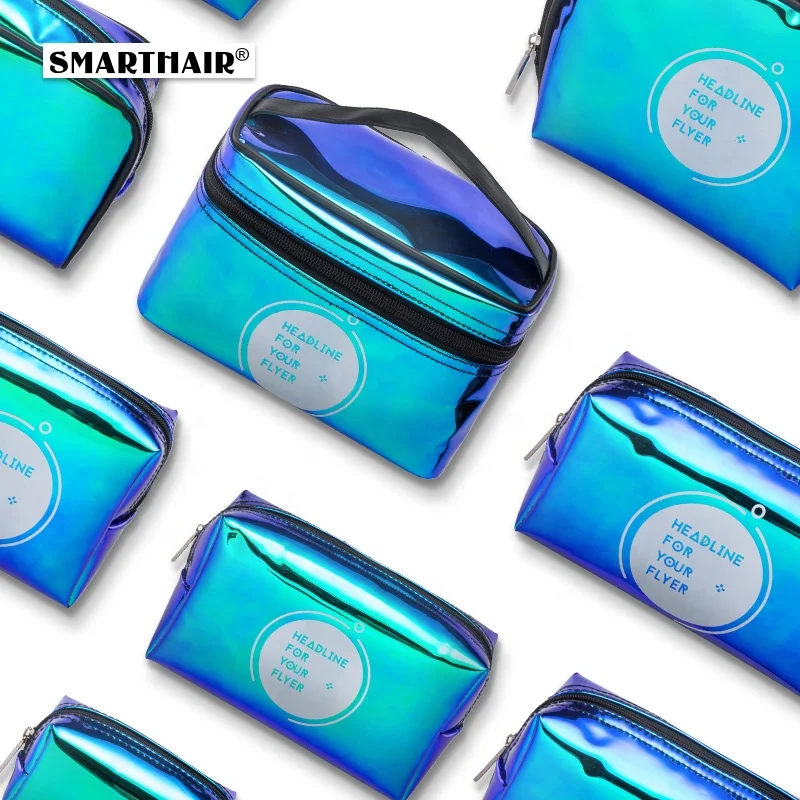 
Korean Blue Custom Make Up Holographic Makeup Bag Hologram With Glitter Zipper Rainbow Iridescent TPU Cosmetic Bag Wholesale 