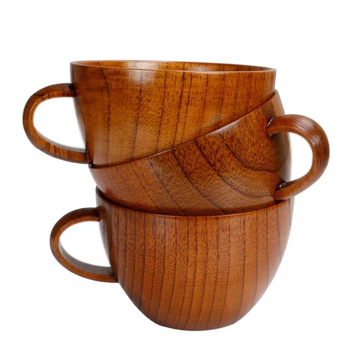 Hot Selling  Natural Jujube Big Coffee Mugs,Japanese Brown Wood Soup Bowls with Handle