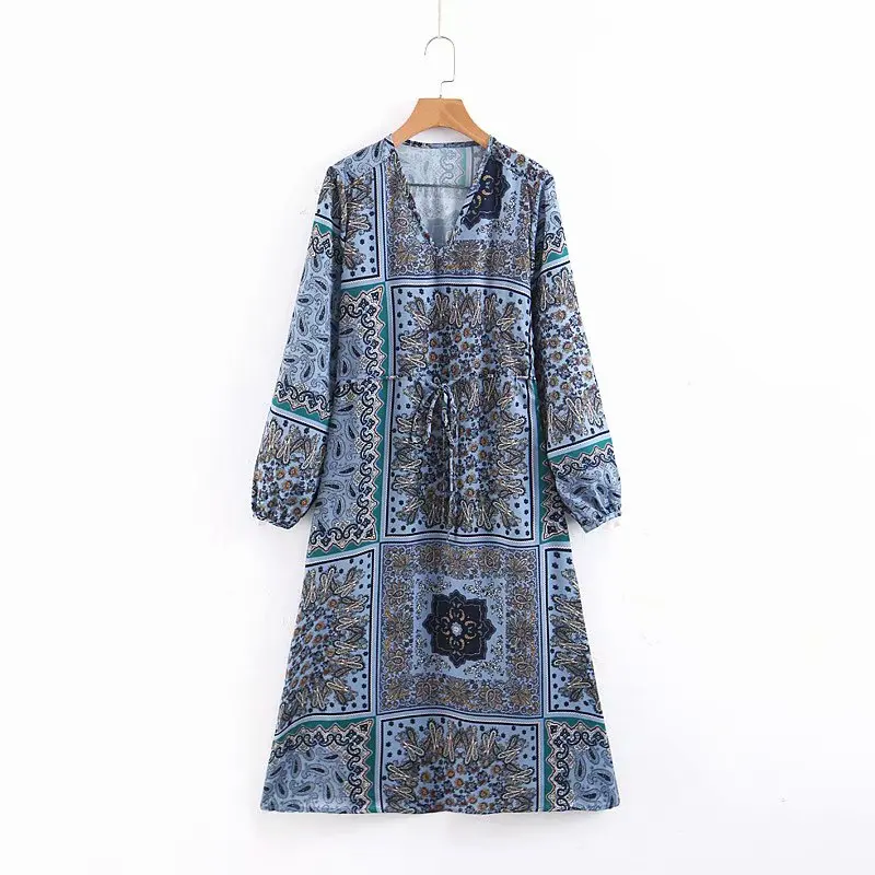 
2019 wholesale high quality muslim summer ladies dress poly floral casual V neck long sleeve knee length shirt dress women 