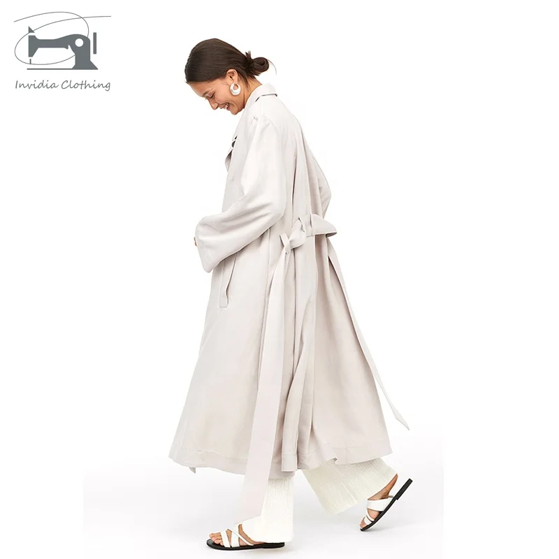 Latest Korean Style Trendy Women Turn Down Collar White Long Button Windproof Trench Coat With Belt