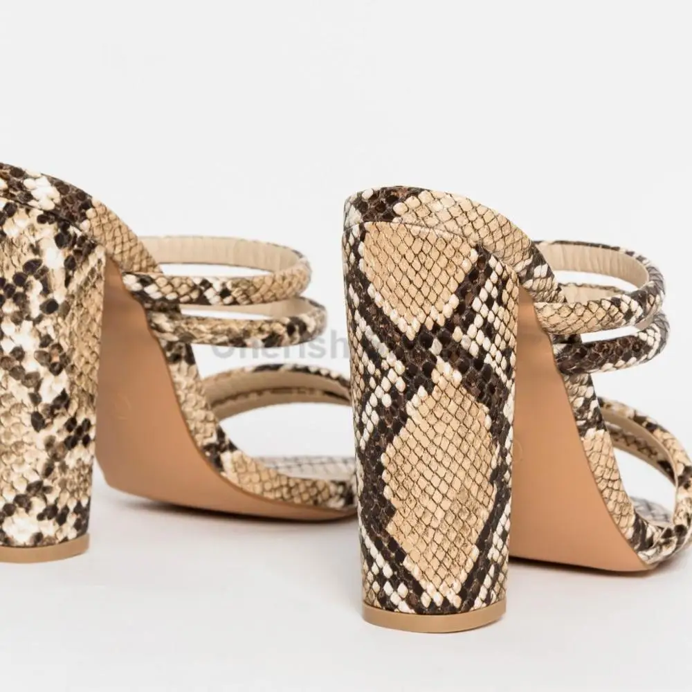 New Design Model Snake Skin Ladies Block High Heel Sandals  Summer Women Shoes Open Toe Mules With Heels