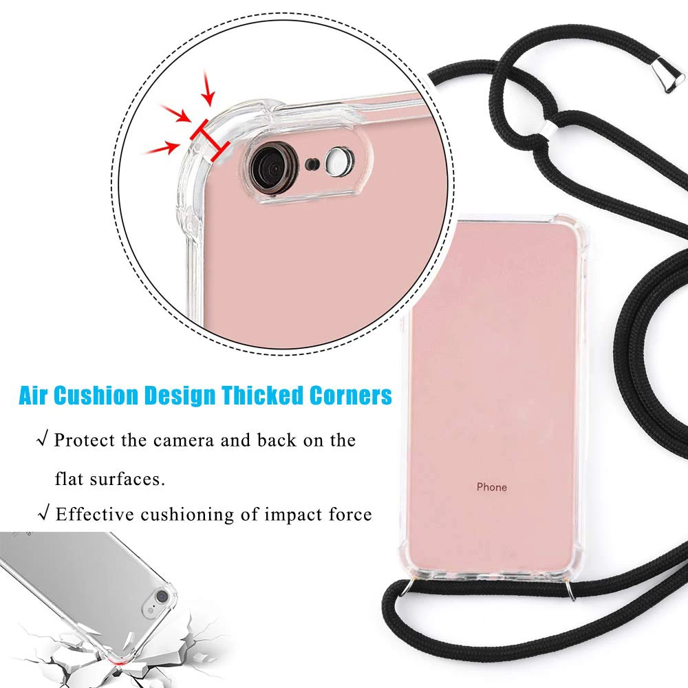 Transparent Soft TPU Cell Phone Case With Lanyard Necklace Shoulder Neck Strap Rope Cord for iphone 6 7 8 plus x xs xr xs max