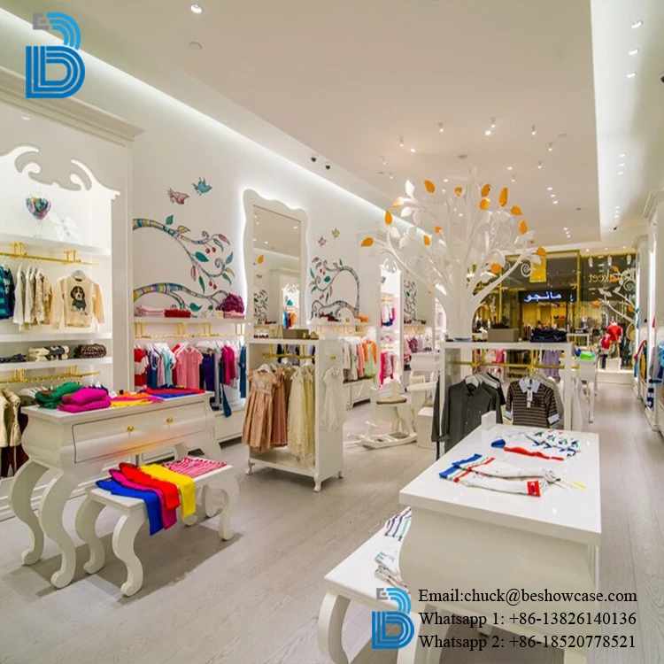 Children clothing shop kids store display fixtures design decoration with metal racks