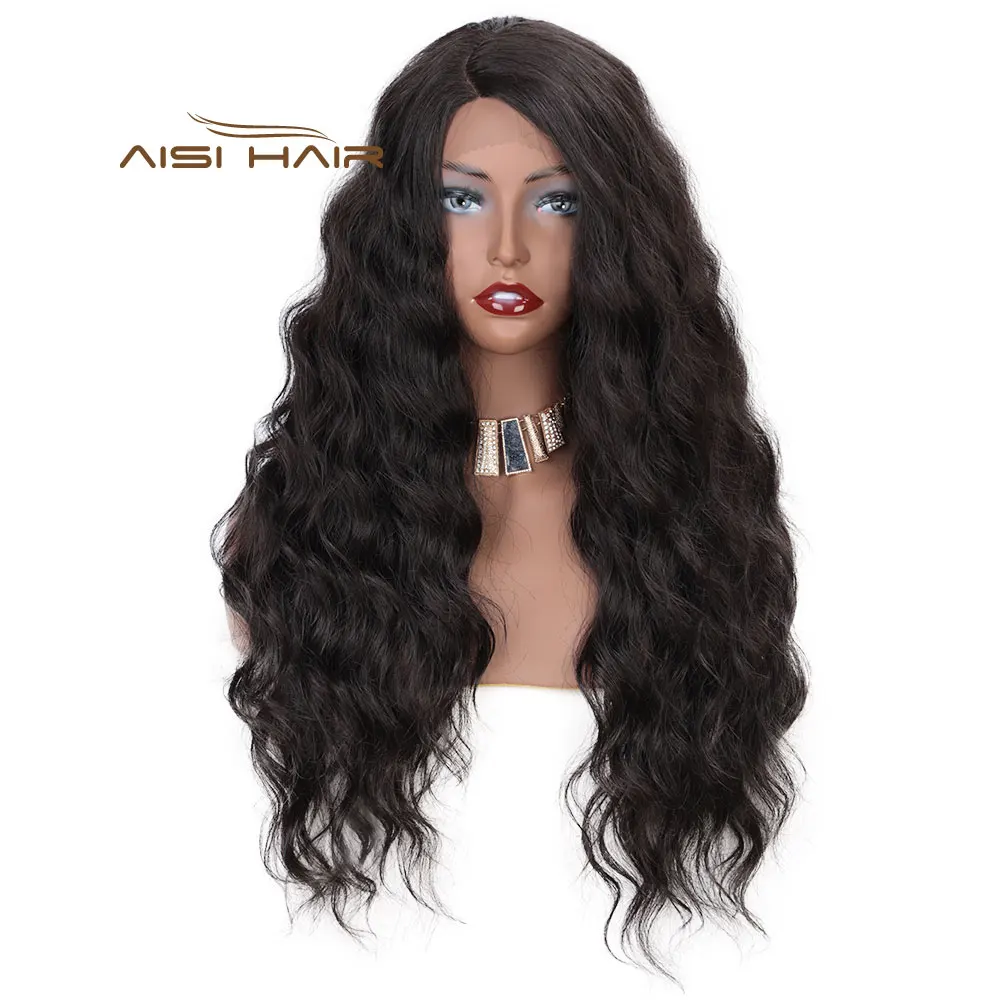 Aisi Hair Deep Wave Natural Black Synthetic Wigs Long Wavy Wigs Heat Resistant Synthetic Fiber Lace Front Wigs