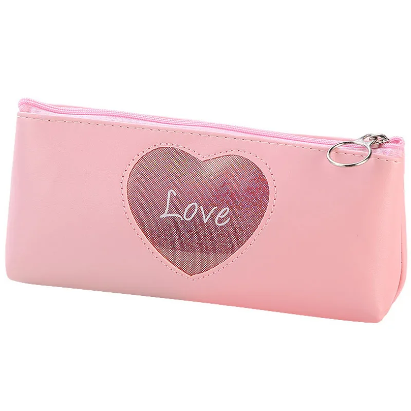 Рекламная Подарочная сумка из искусственной кожи с сердцем для девушек, вместительная косметичка, креативные школьные канцелярские принадлежности, пенал, лазерная ручка, сумка