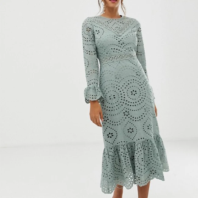 Round neck long fluted sleeves frill trims lined peplum  long lace ruched dress