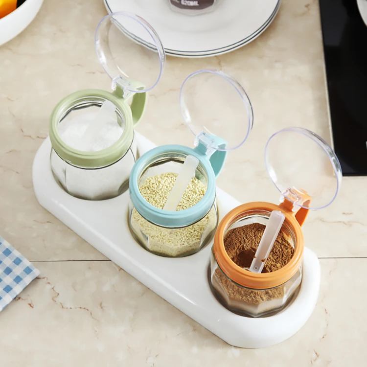 Hot sale kitchen 3 in 1 salt pepper sugar spice box 350ml condiment container glass seasoning jar set with spoon and stand