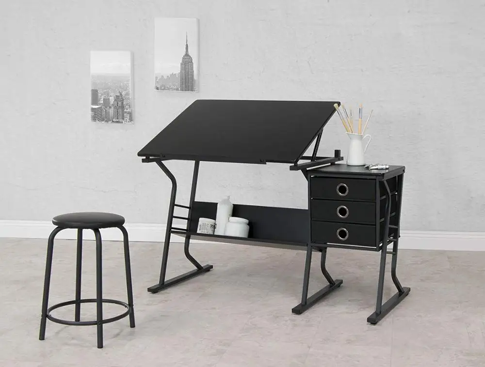 
Drafting Table Art & Craft Drawing Desk Art Hobby Folding Adjustable w/Stool and Drawers Craft Station (White with 3 Drawers) 