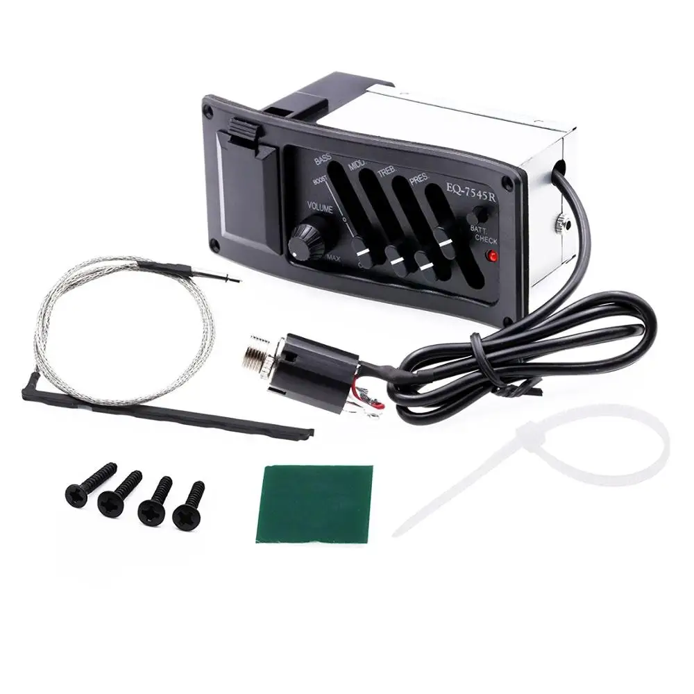 Дешевые 4-полосный эквалайзер-эквалайзер Piezo Pickup Акустическая гитара предусилитель 7545R