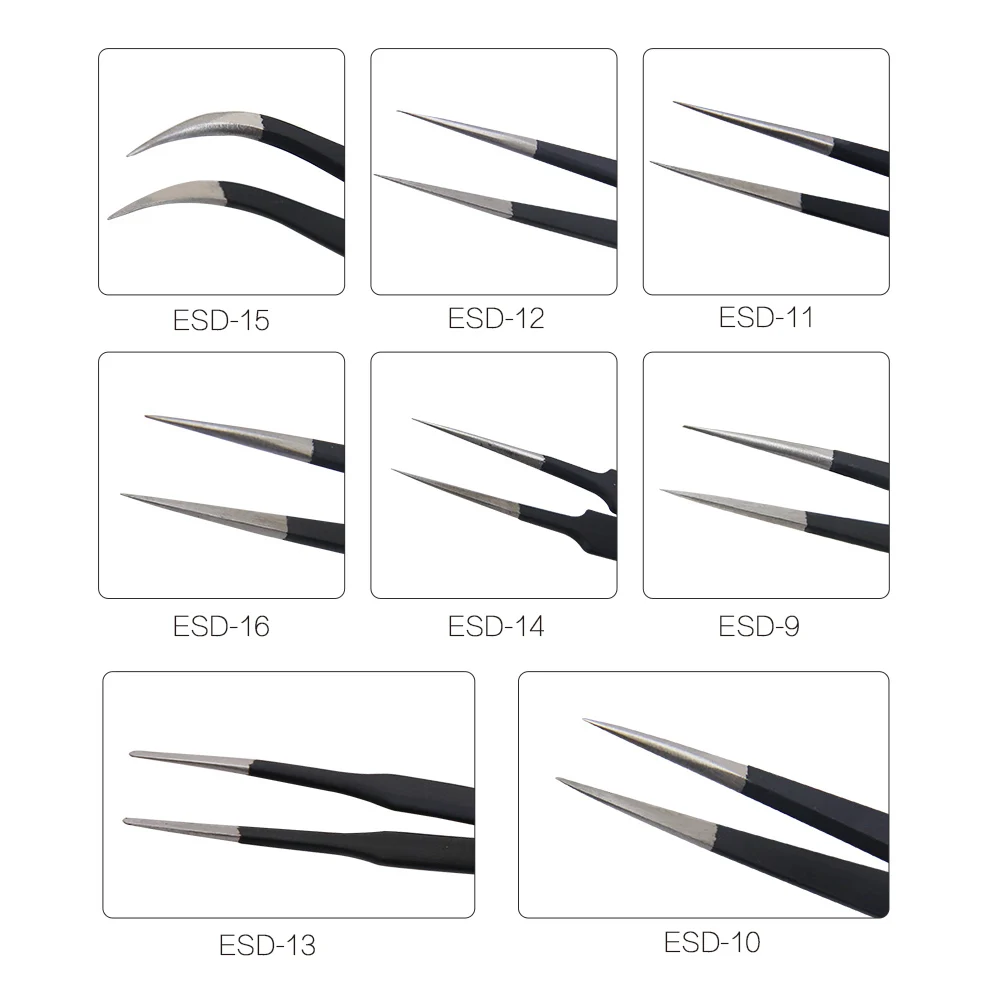 Hand Tool Pincers Set Electronics Forceps Tweezers Set Anti-static Stainless Steel Curved Straight Antistatic Painting Treatment