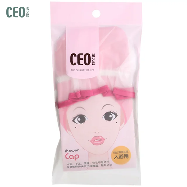 White oversize disposable shower cap with blue and red brim