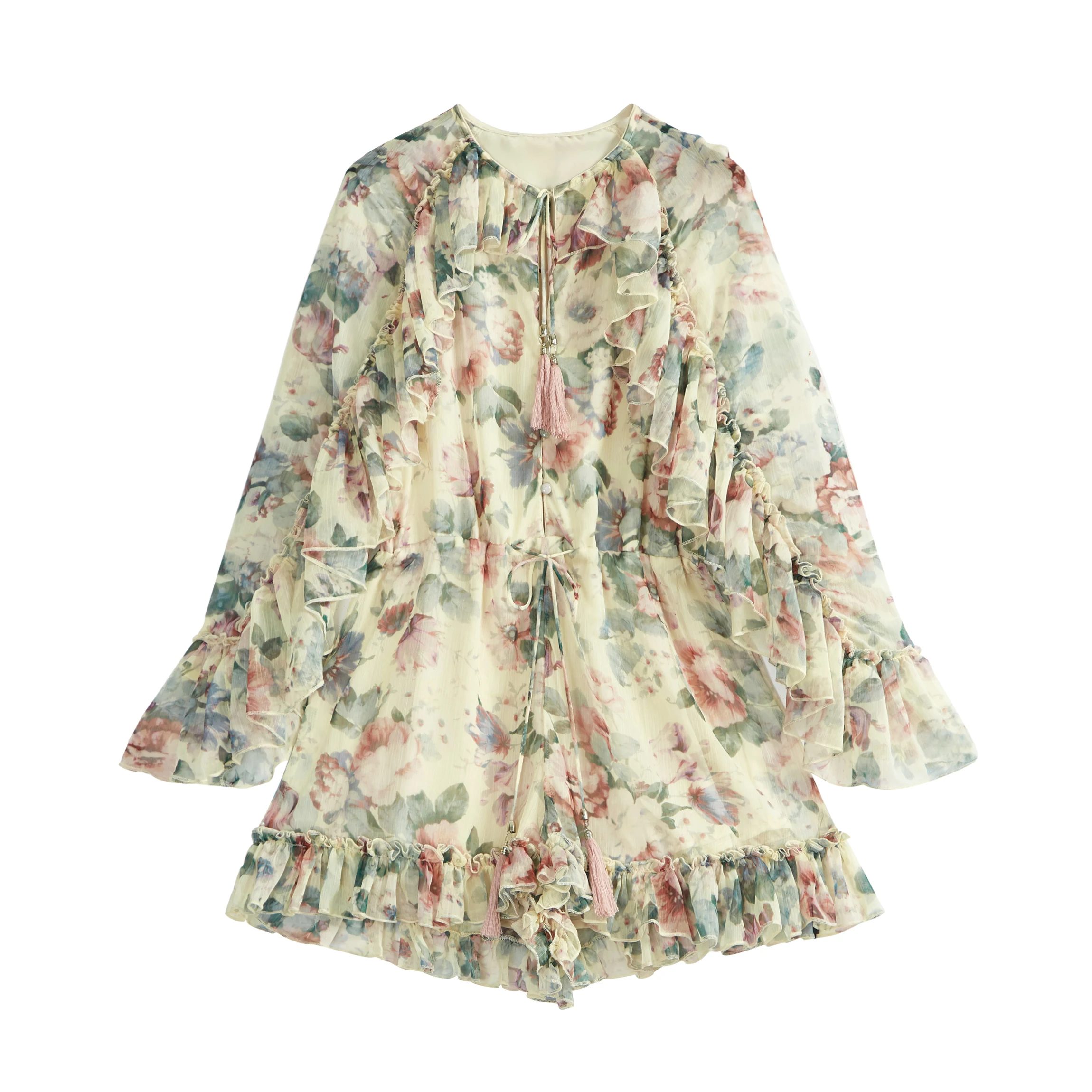 Summer One Piece Lace Floral Print V Neck Fall Womens Long Sleeve Lace-up Elegant Lady Jumpsuit