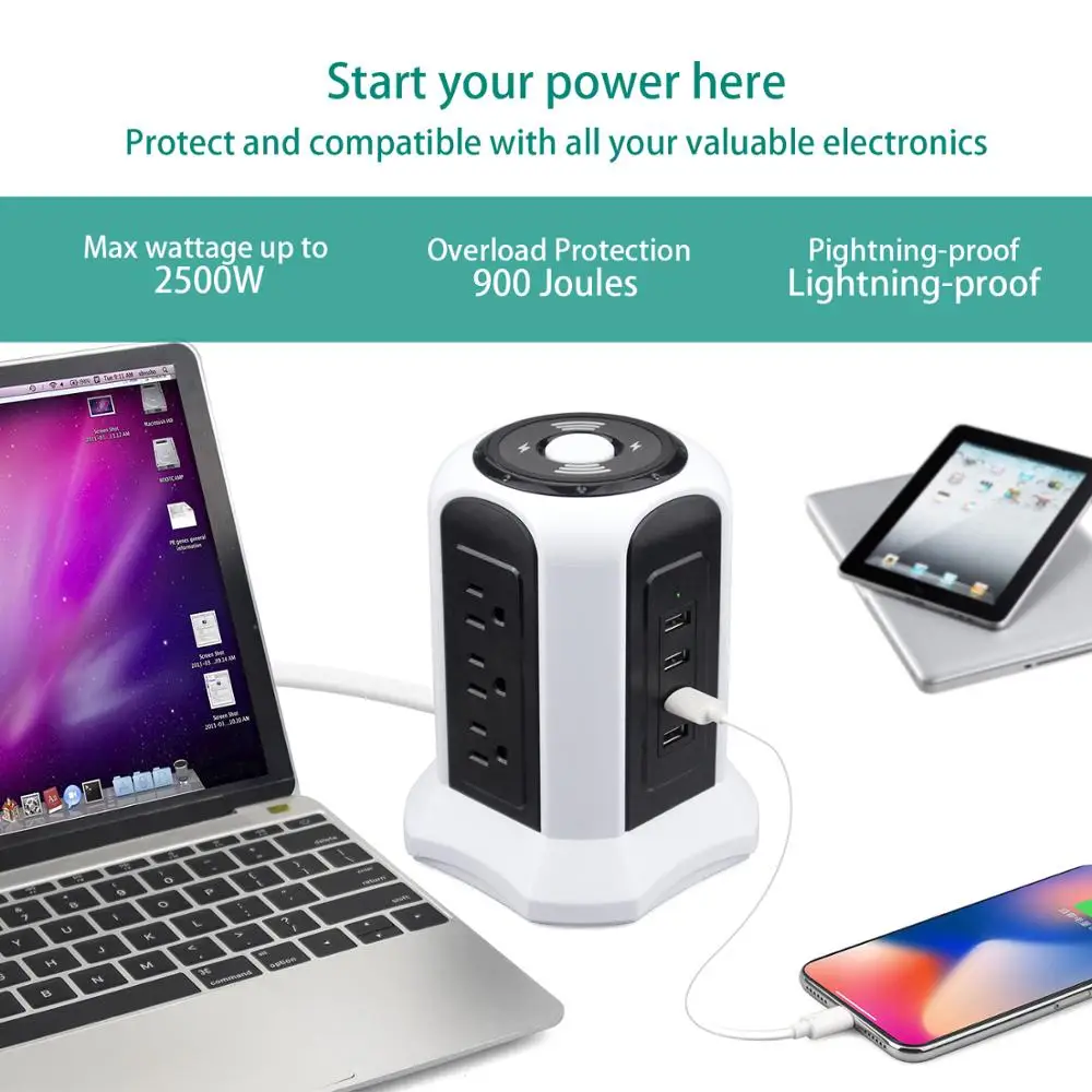 US Wireless Power Extension Socket Tower USB charging Socket