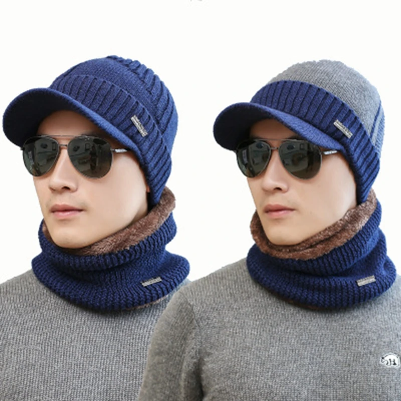 Men winter knit Cap with Brim Plus Velvet Inside Warm Windproof hat double color matching fashion scarf hat set For teenage