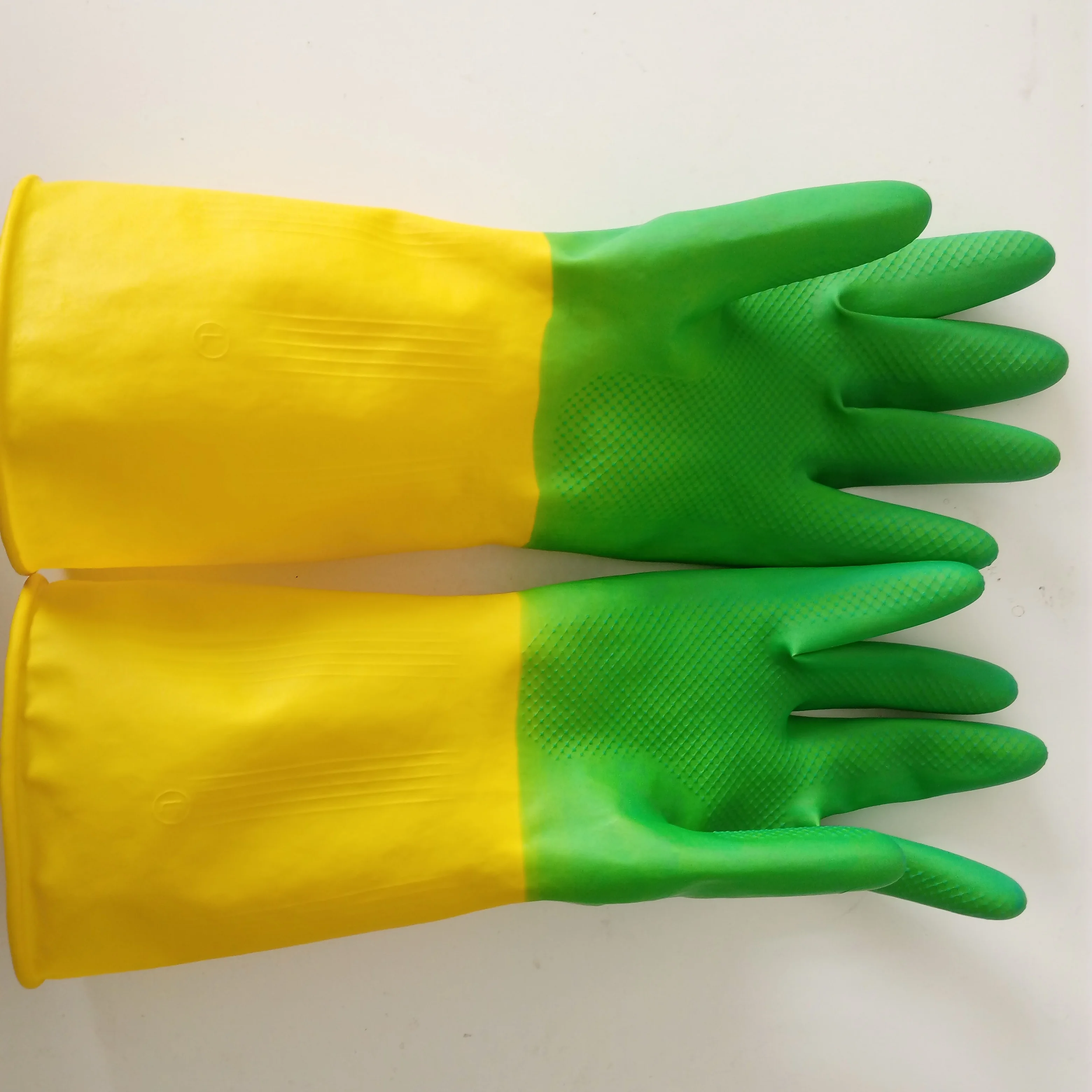 Green and yellow bi-color gloves household cleaning rubber gloves