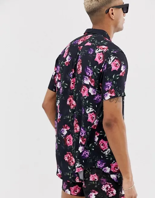 KY Rose custom print Point collar Button placket short sleeve button up shirt men and mens beach shorts