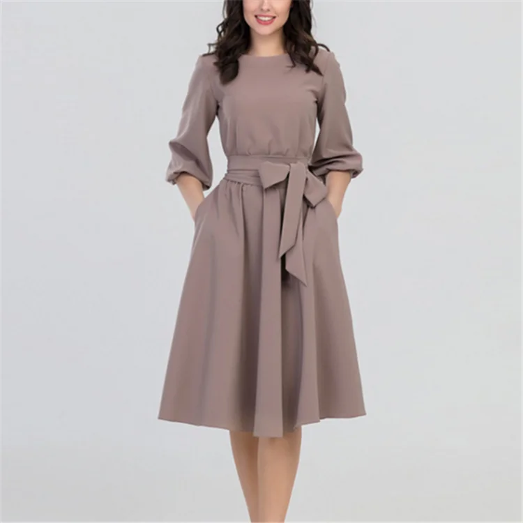 
Solid Color Round Neck Slim Vintage Dress Casual Elegant Vintage Evening Dress 