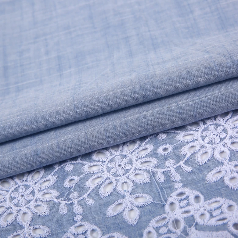 New design cotton single border eyelet embroidery stock voile yarn dyed embroidery lace fabric blue