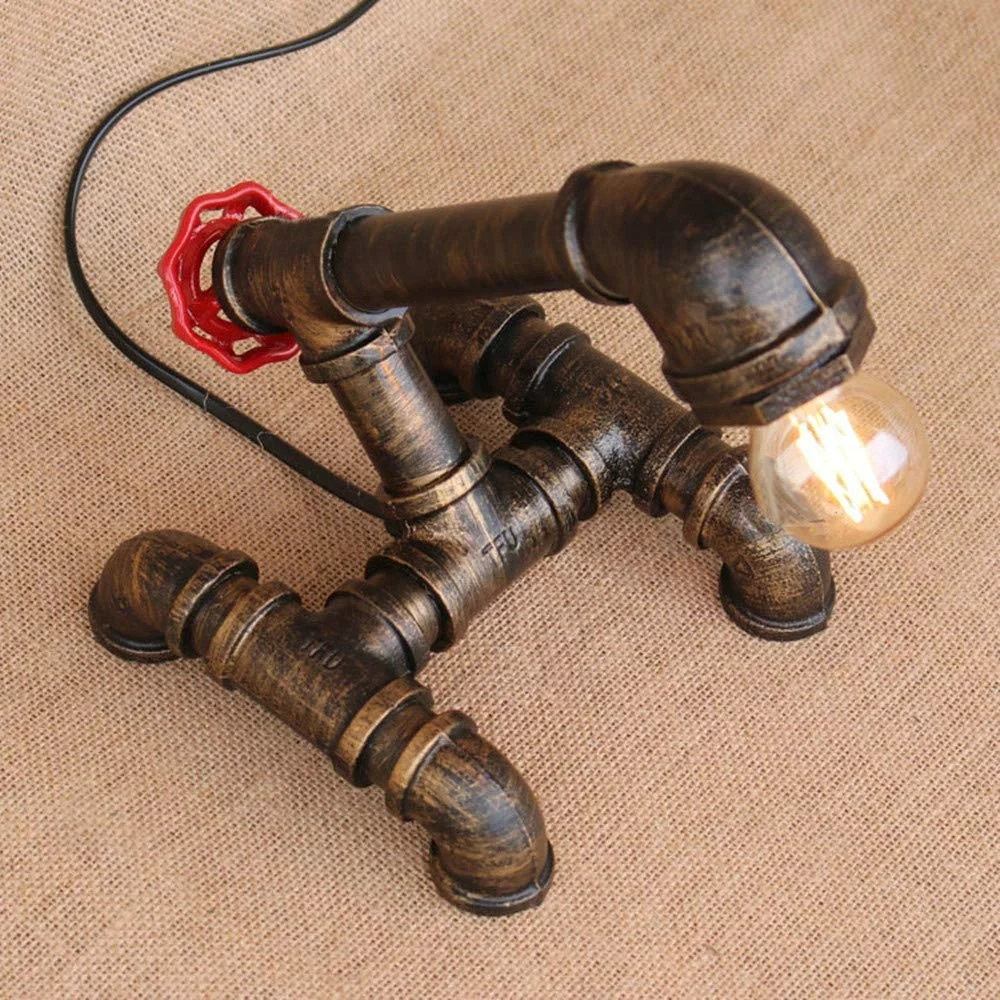 
Industrial Table Lamp Wrought Iron Water Pipe Light Home Decoration with Red Valve Handle Robot Desk Lamp for Restaurant 