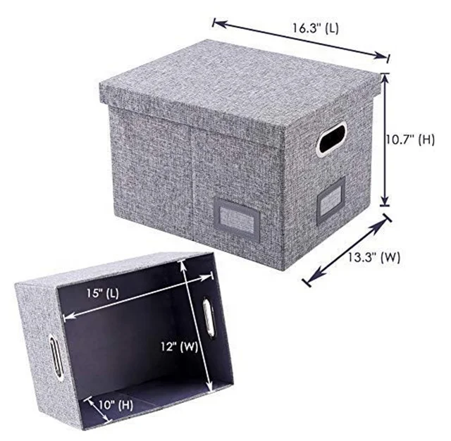 New Design Grey Foldable Book Storage Box Wih Metal Handles Lid Collapsible File Storage Box