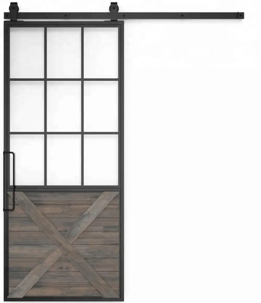 
French Style Black Carbon Steel Sliding Frosted Glass Black Frame Barn Door with Soft Close 