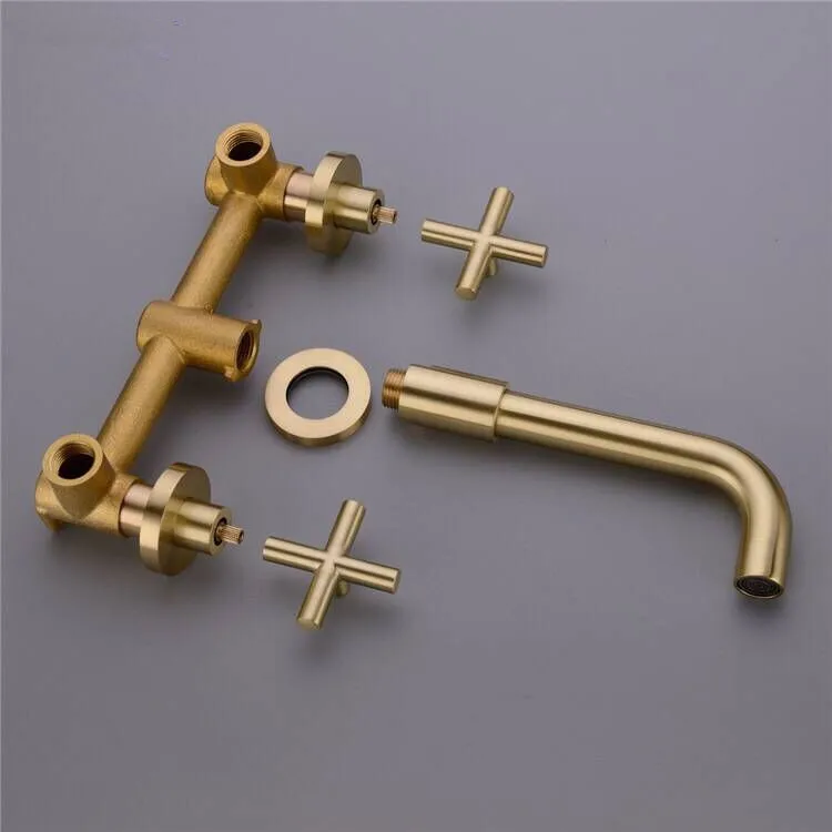 
2019 New Copper Brushed Gold Brushed Rose Gold Dark Wall-mounted Three-hole Bathroom Basin Faucet Hot and Cold Water Faucet 