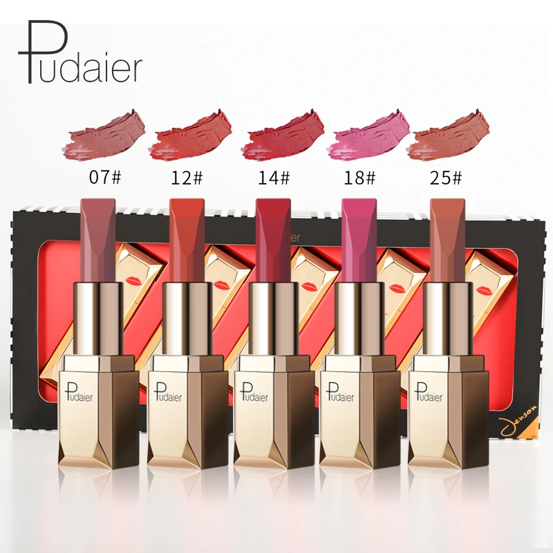 Pudaier 5pcs/set Lipstick Matte Cosmetic Waterproof Long Lasting Pigment Velvet Sexy Lip Nude Matte Lipstick Lip Kits Batom
