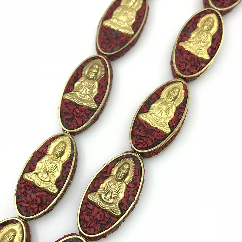Wholesaler Tibetan Metal Coral Dzi Beads Carving Buddha Statue Nepal Inlay Gold Copper Beads For Jewelry Making