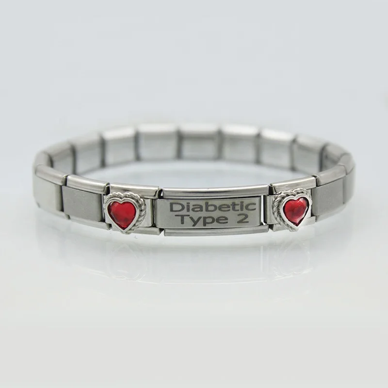 Fashion Women Jewelry Adjustable Stainless Steel Composable Links Medical Alert Type 2 Diabetes Italian Charm Bracelet