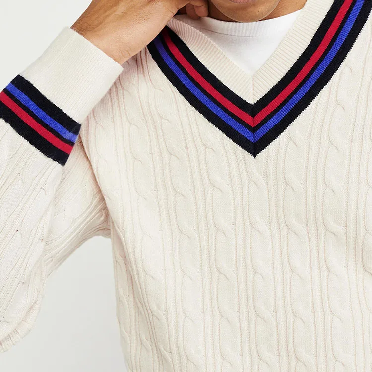 
Popular Custom Wool Knit Mens V Neck Cable Knit Cricket Sweater 