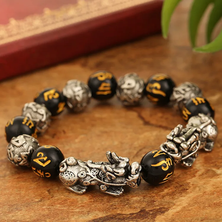 Wholesale High Quality Antique Silver Feng Shui Lucky Pixiu Bracelet Obsidian Beads Cuff Bracelet for Men Women