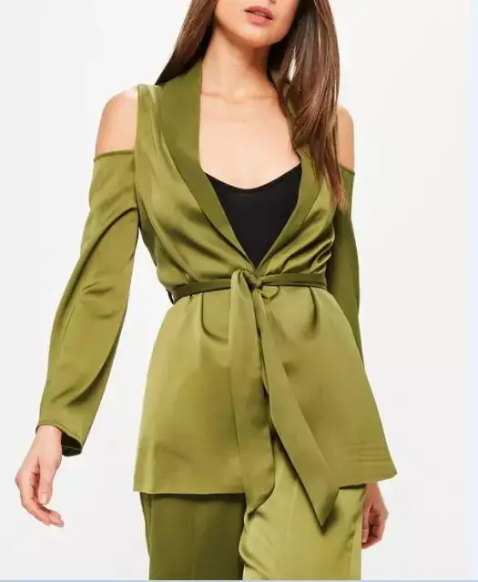 Women Clothing Shoulder Tie Waist Satin Blazer Green Tops And Pants Ladies Dresses Office